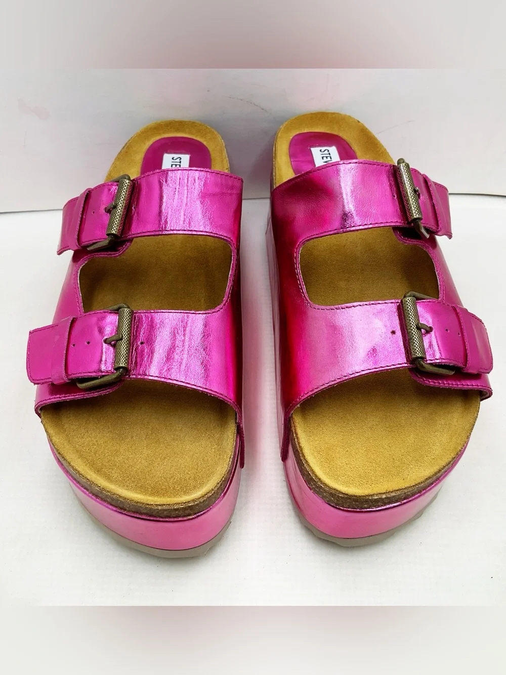 🆕{Steve Madden} Kali-J Distressed Metallic Pink Platform Slide Sandals